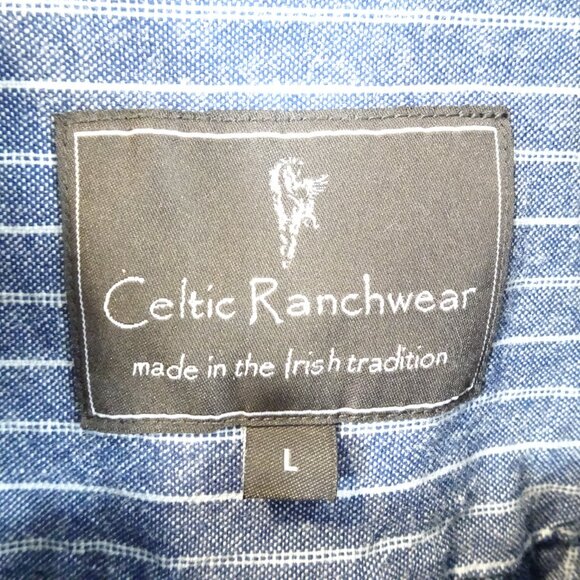 Celtic Ranchwear Shirt Large Long Sleeve Mandarin Collar Blue White Striped - Picture 5 of 10